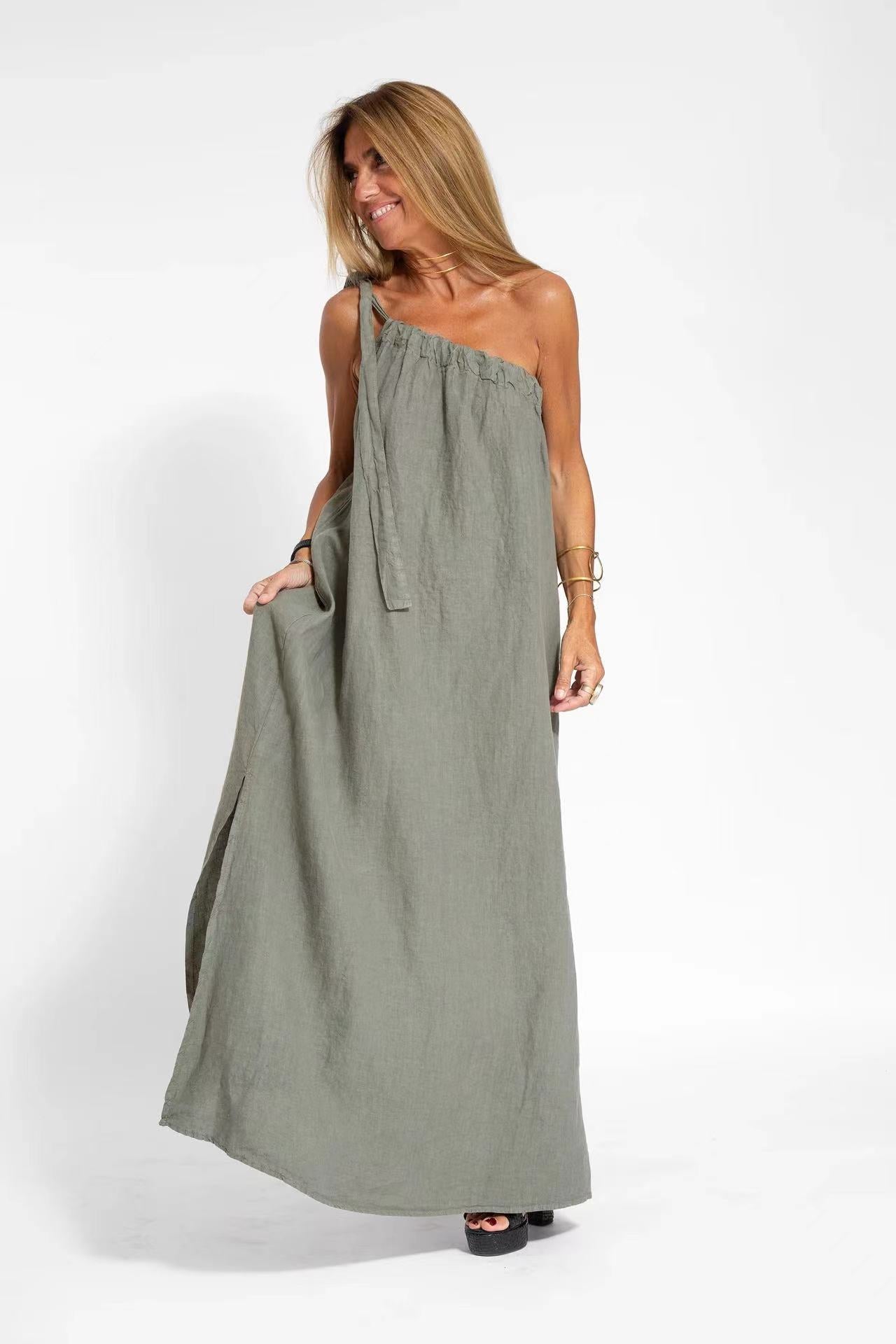 Fashionable off Shoulder Asymmetric Slit Dress Army Green