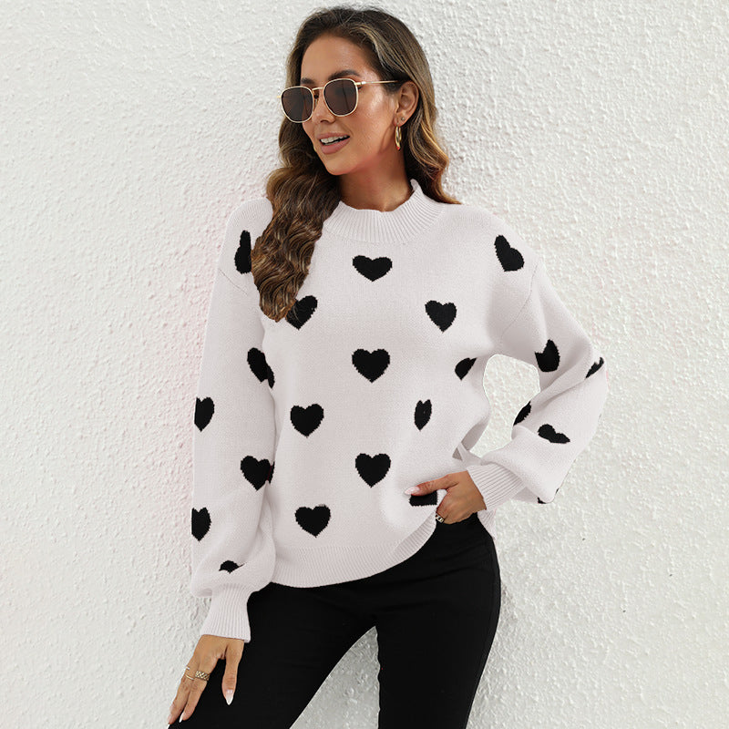 Women Clothing Sweater Autumn Winter Pullover round Neck Long Sleeves Knitwear Love Jacquard Knitted Top for Women White