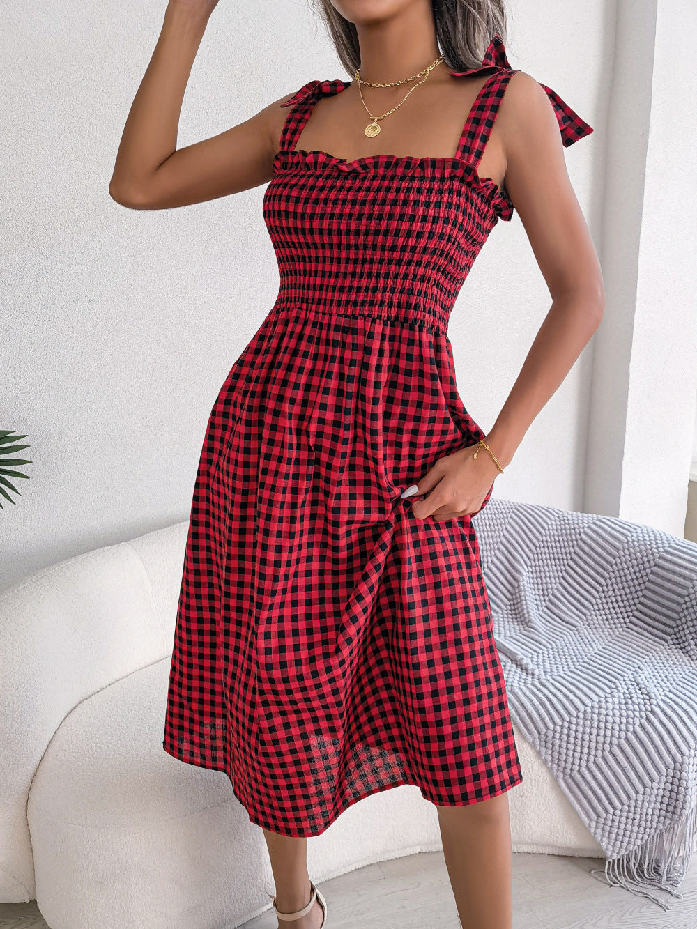 Spring Summer Casual Lace-up Contrast-Color Plaid Mid-Length Dress Women Clothing Red