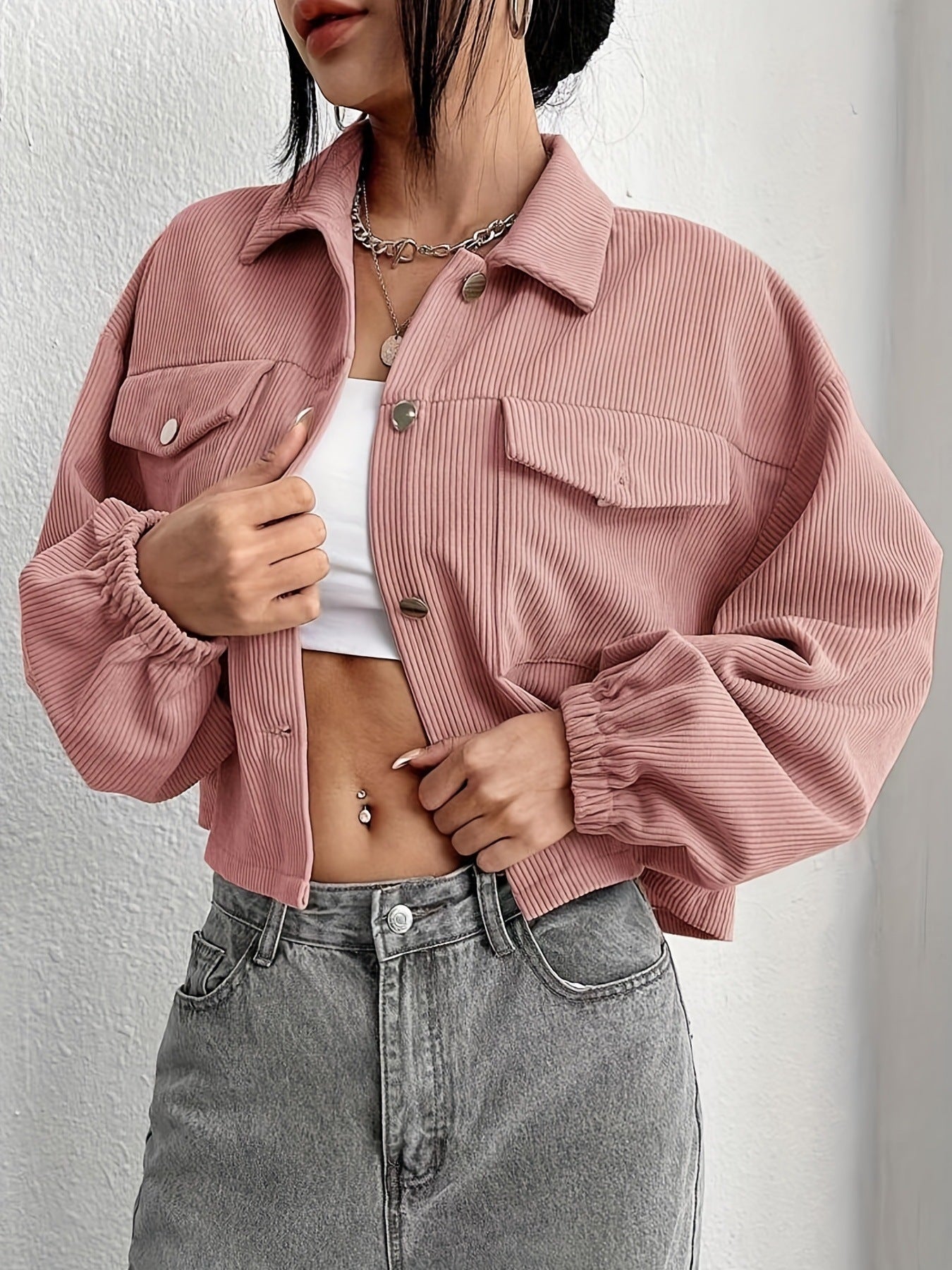 Casual Corduroy Cardigan Short Jacket Women Pink