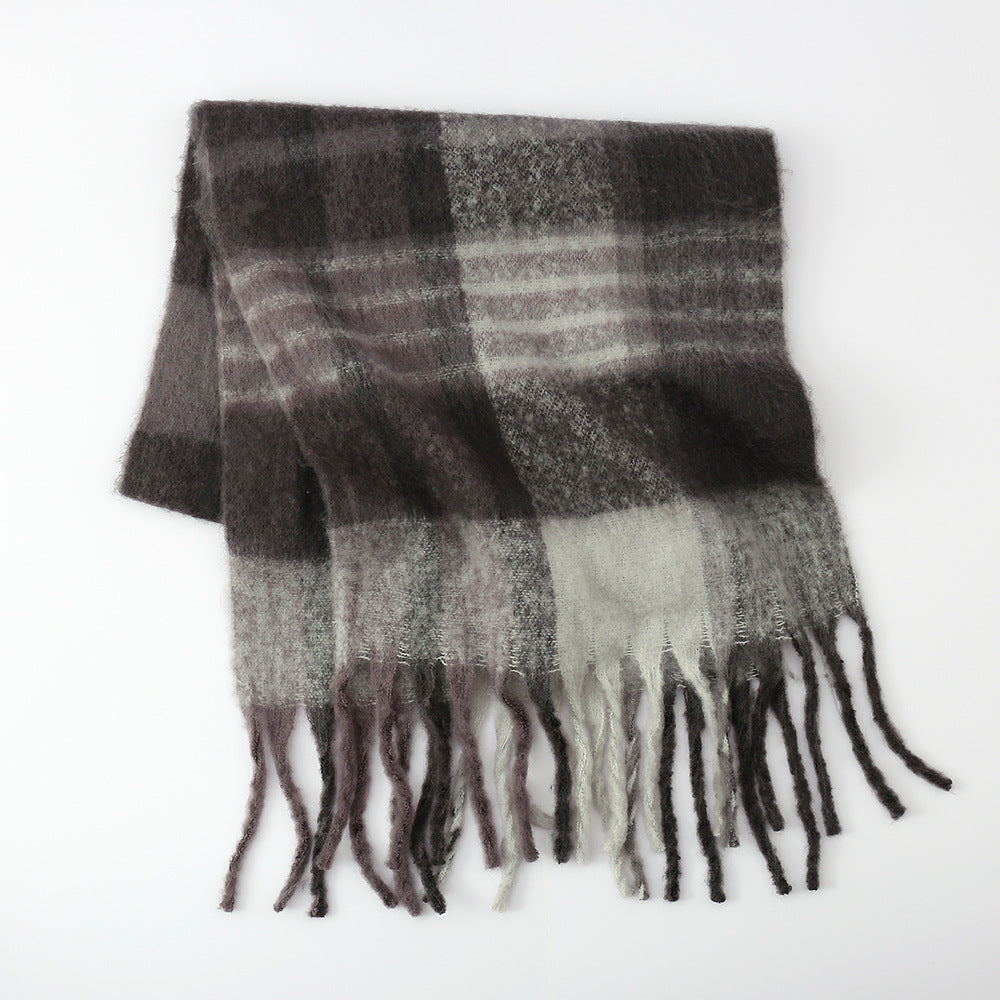 Offers Plaid Scarf Women Mohair Autumn Winter Warm Women Scarf One Size Dark Grey