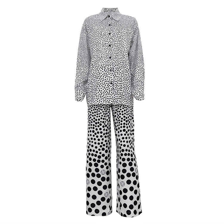 Polka Dot Print Draping Two Piece Women Loose Comfortable Long Sleeve Shirt Wide Leg Pants Sets White