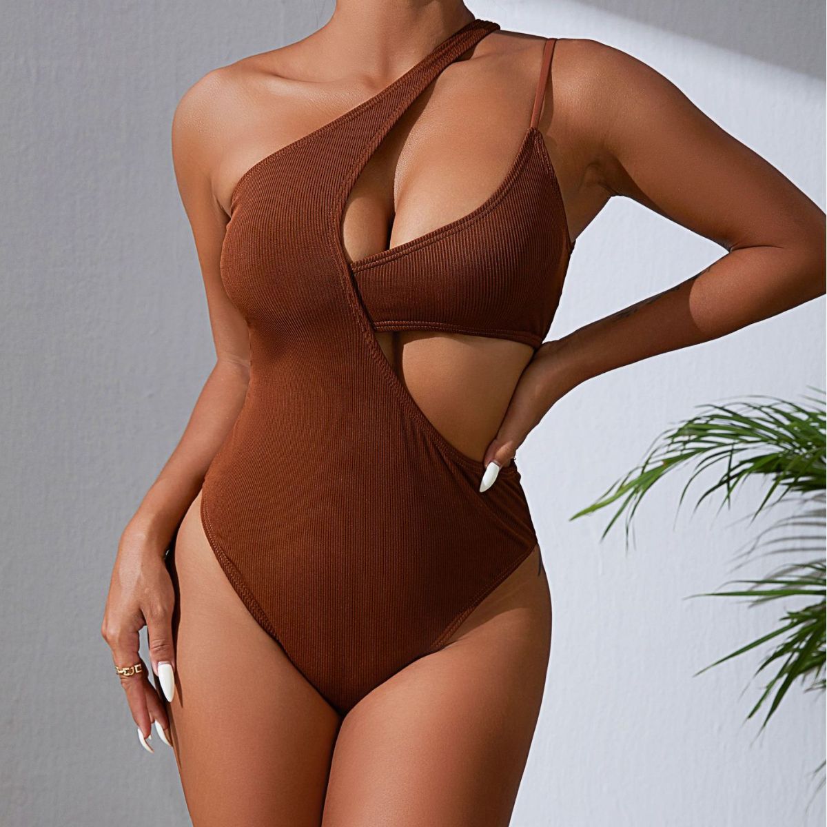 Wave Swimsuit Solid Color Rib Fabric Sexy Hollow Out Cutout out Swimsuit Bikini