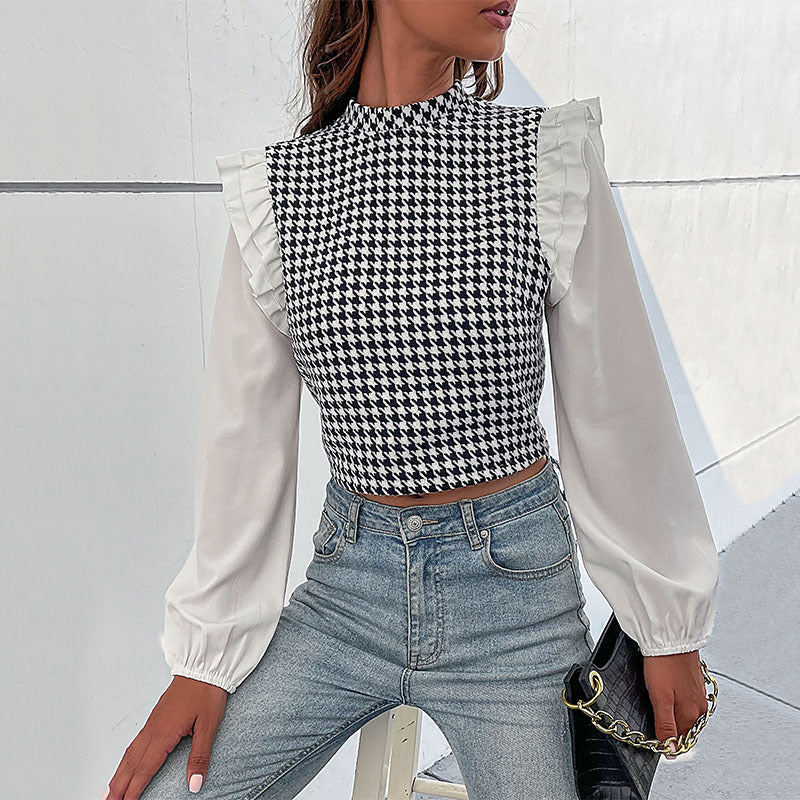 Spring Autumn Women Clothing Mid Collar Houndstooth Short Shirt for Women