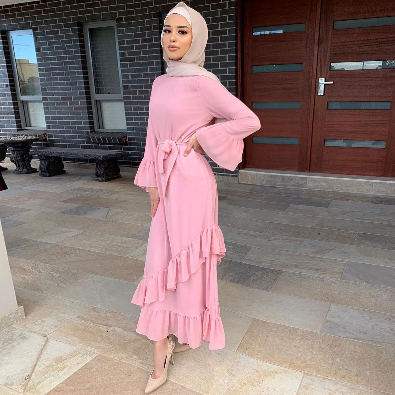 Women Muslim Ethnic Maxi Dress Ruffled Patchwork Flared Sleeves Dress Pink