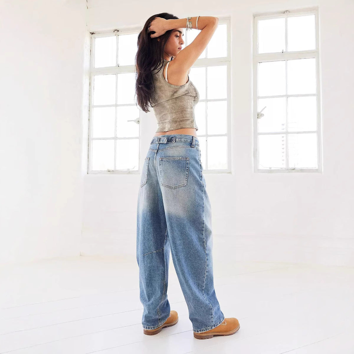 Retro Washed Distressed Loose Wide Leg Jeans Mopping Women