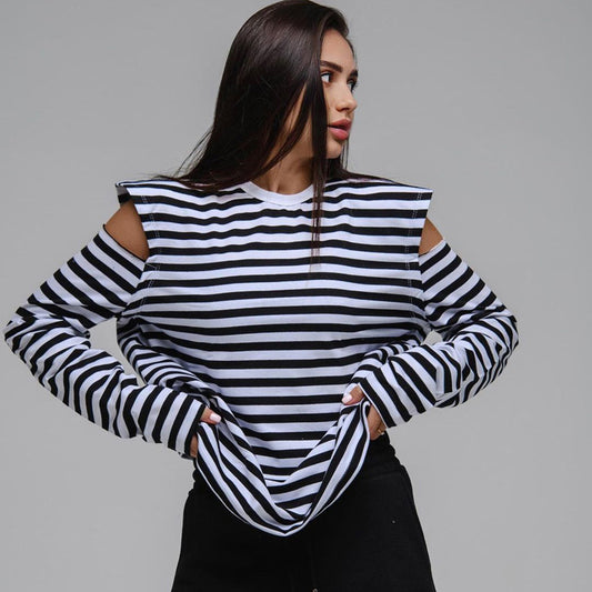 Summer Women Clothing Striped Crew Neck Long Sleeves off Shoulder Loose Fitting T shirt Top Women