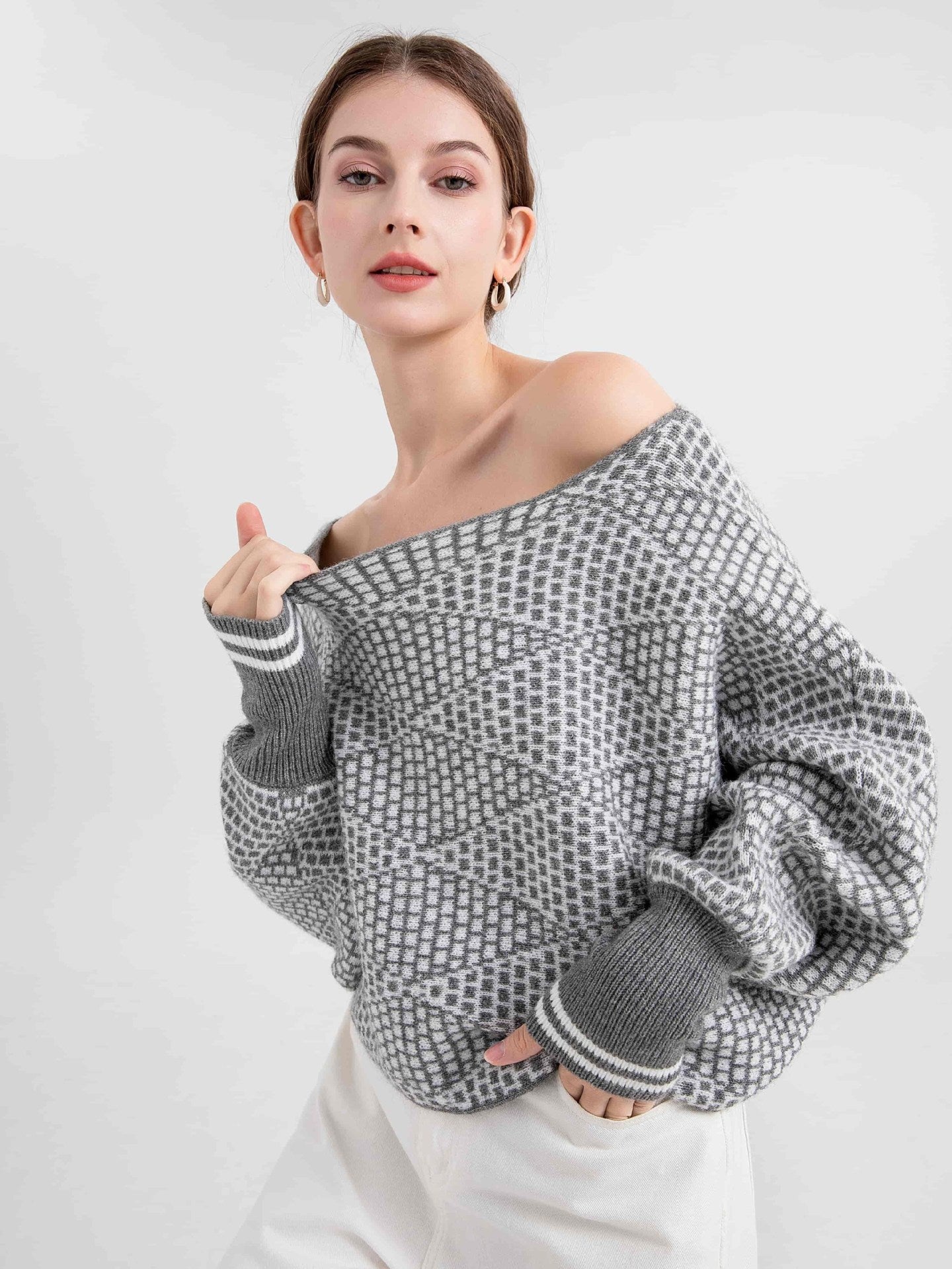 off Shoulder Sweater Long Sleeve Plaid Sweater Pullover off Shoulder Women Outerwear Top Light Gray