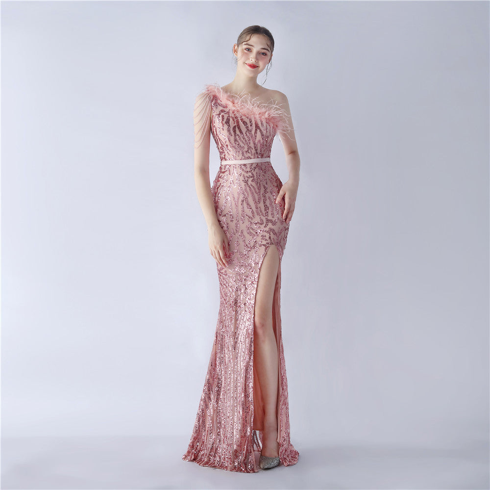 Craft Beaded Ostrich Hair Diagonal Collar One Shoulder High End Evening Dress Pink