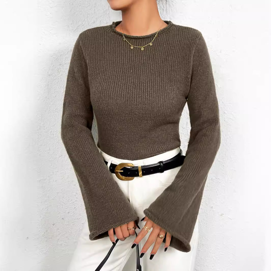 Spring Autumn Solid Color Sweater Women Crew Neck Bell Sleeve Top Slimming Women Clothing