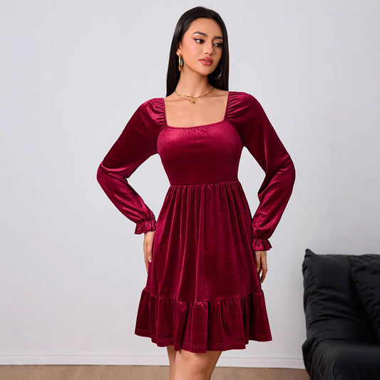 Women Clothing French Velvet Wine Red Dress Autumn Winter Midi Dress