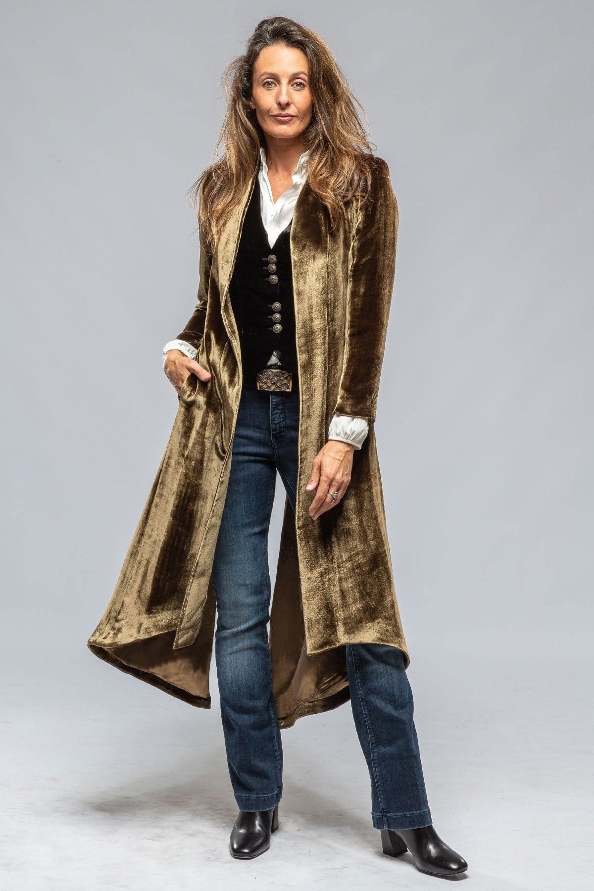 Women Clothing Velvet Long Cardigan Solid Color Retro Split Coat Trench Coat Loose Overcoat Gold