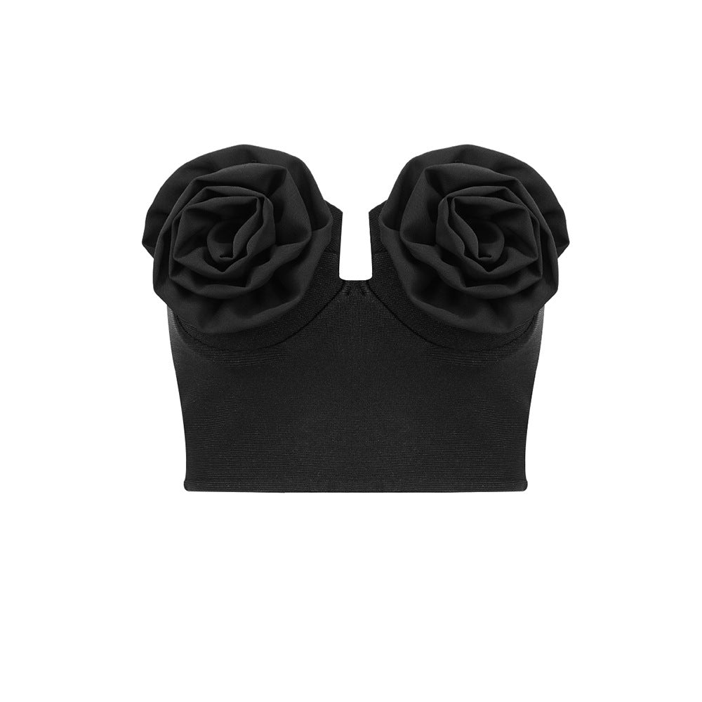 Summer Women Three-Dimensional Floral Tube Top Elastic Bandage Vest Sexy 3D Decoration Black