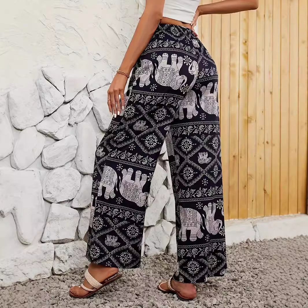 Spring Autumn Summer Bohemian Vacation Thailand Elephant Printed Casual Loose Drooping Wide Leg Pants