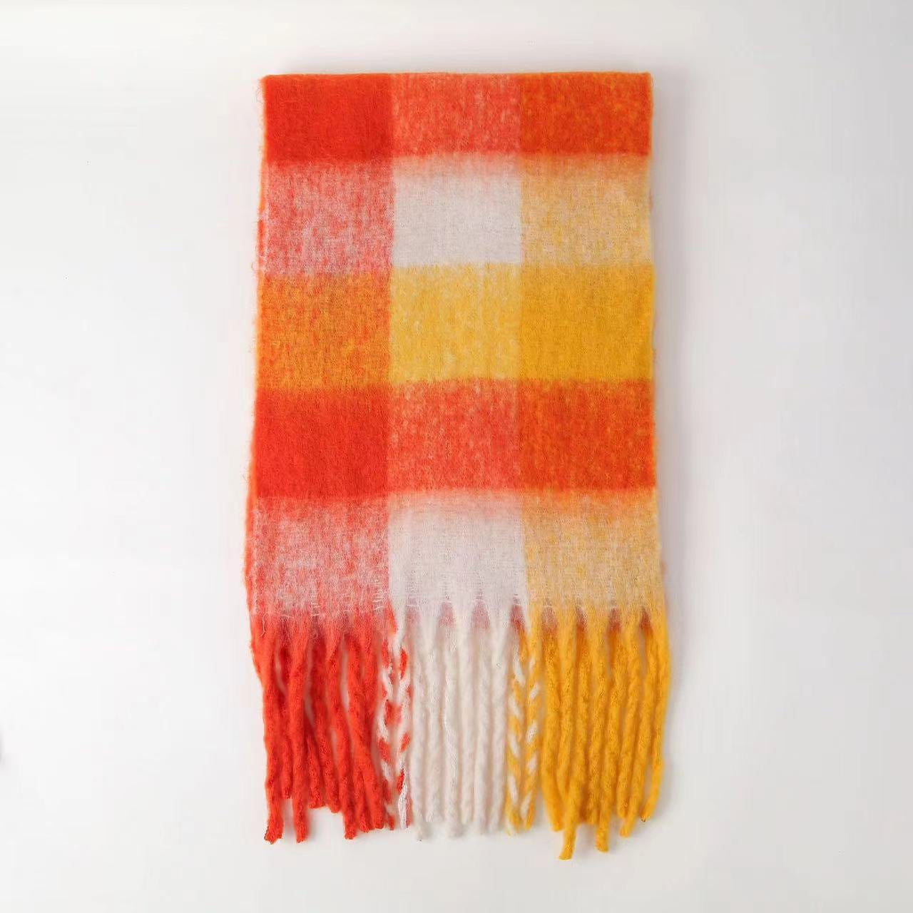 Autumn Winter Mohair Scarf Women Warm Scarf Thickened Cashmere Plaid Scarf One Size Orange Yellow White