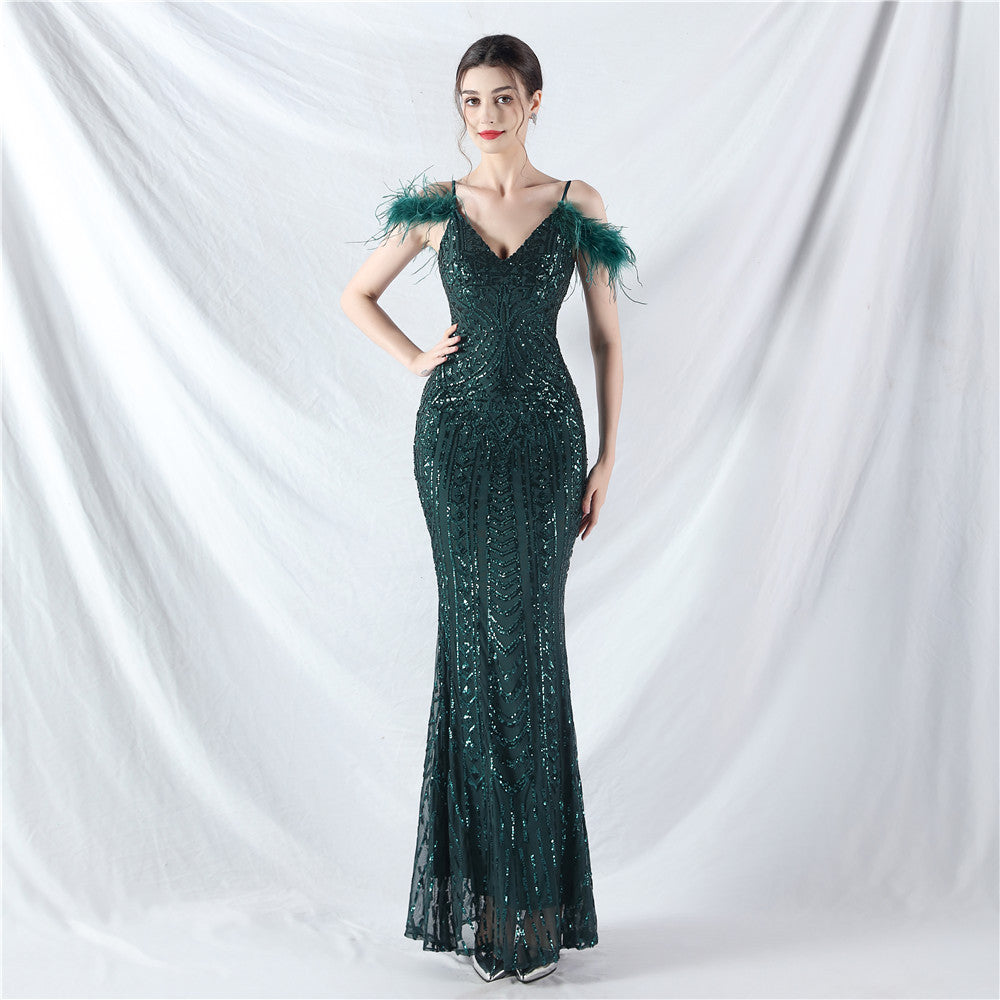 Positioning Floral Sequin Craft Order Ostrich Hair High End Evening Dress Blackish Green