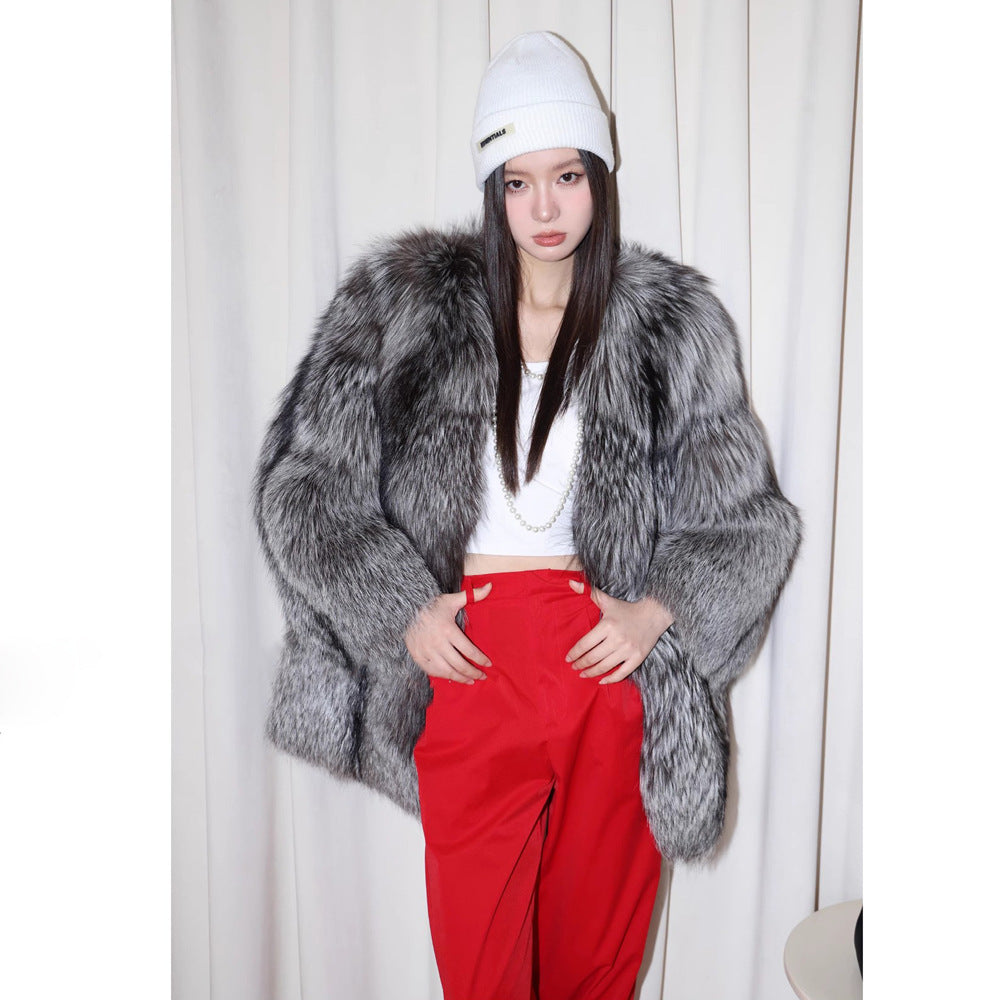 Women Fur Coat Autumn Winter Silver Fox Fur Mid Length Thickening Coat Warm Casual Trench Coat Gray