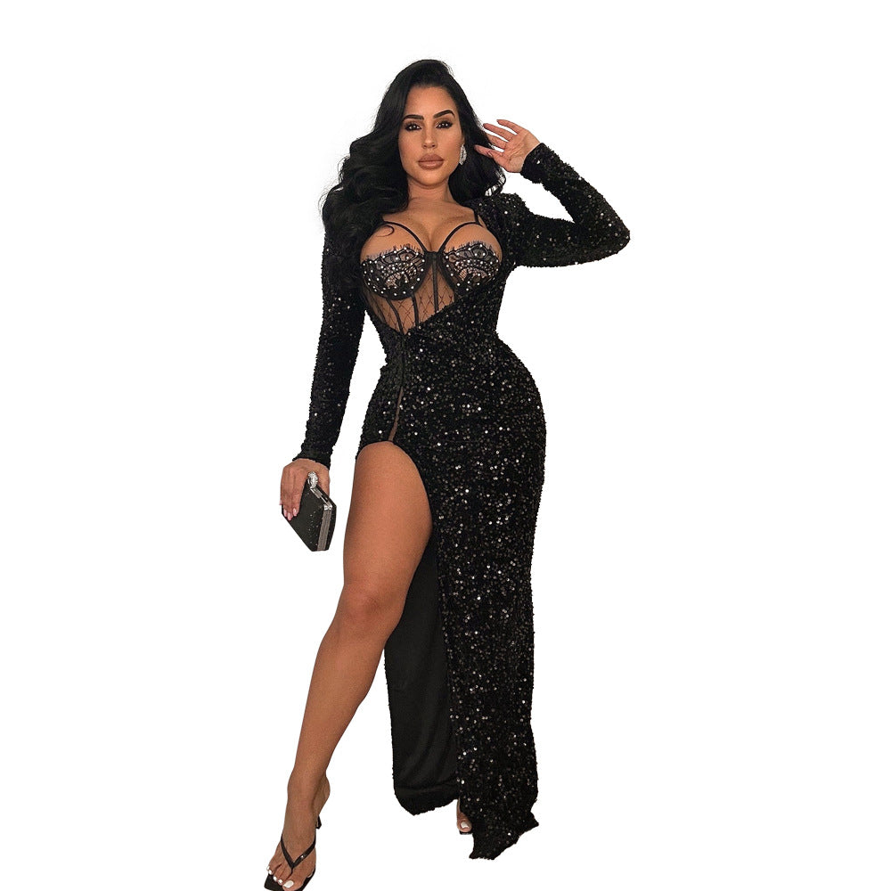 Women Clothing Solid Color Sequ Sexy Slit Maxi Dress Including Sexy Jumpsuit Two Piece Set Dress Black