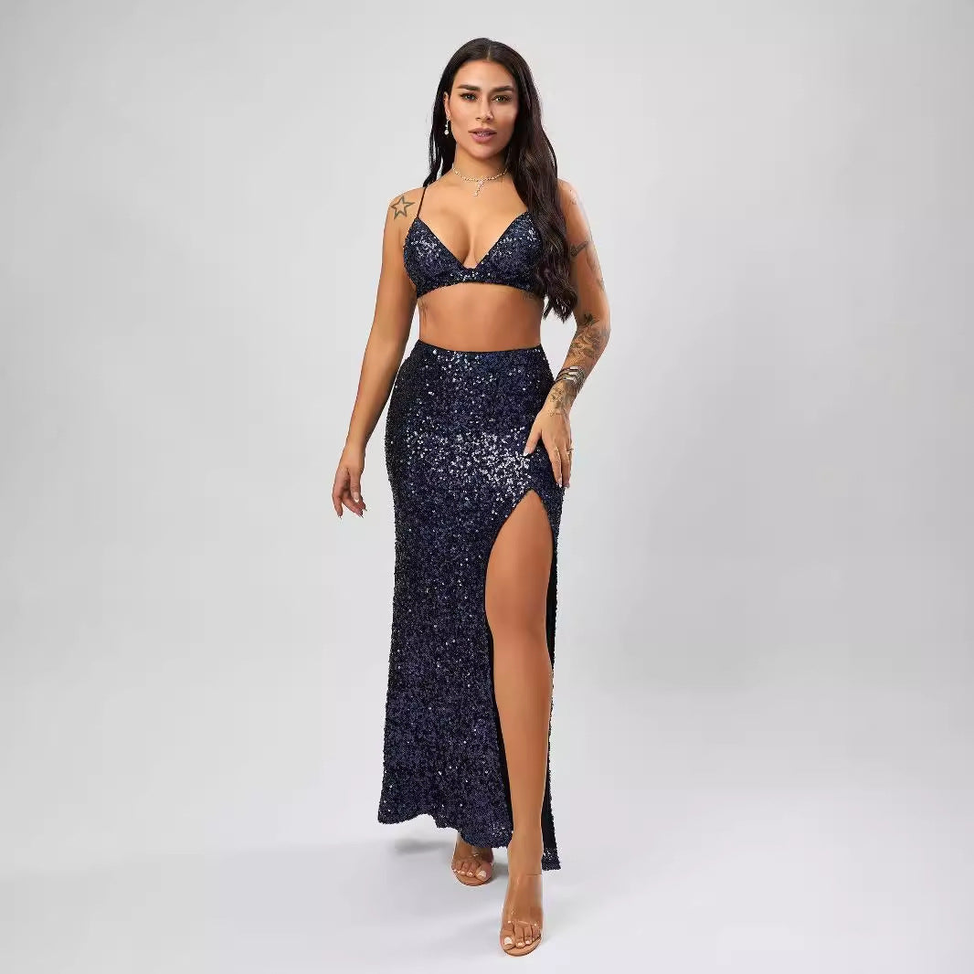 Sexy Sequined Maxi Dress High Grade Women Dress With Chest Pad High Slit Dress