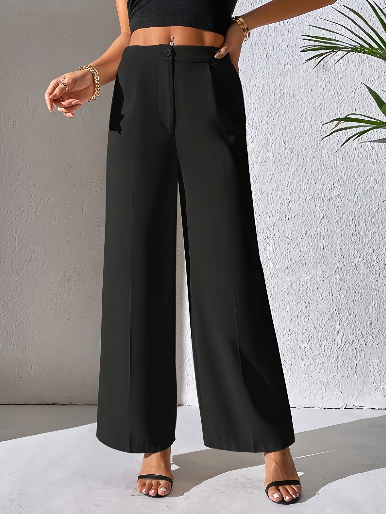 Solid Color Wide Leg Pants Draping Effect Elegant Loose Straight Casual Pants Women Black