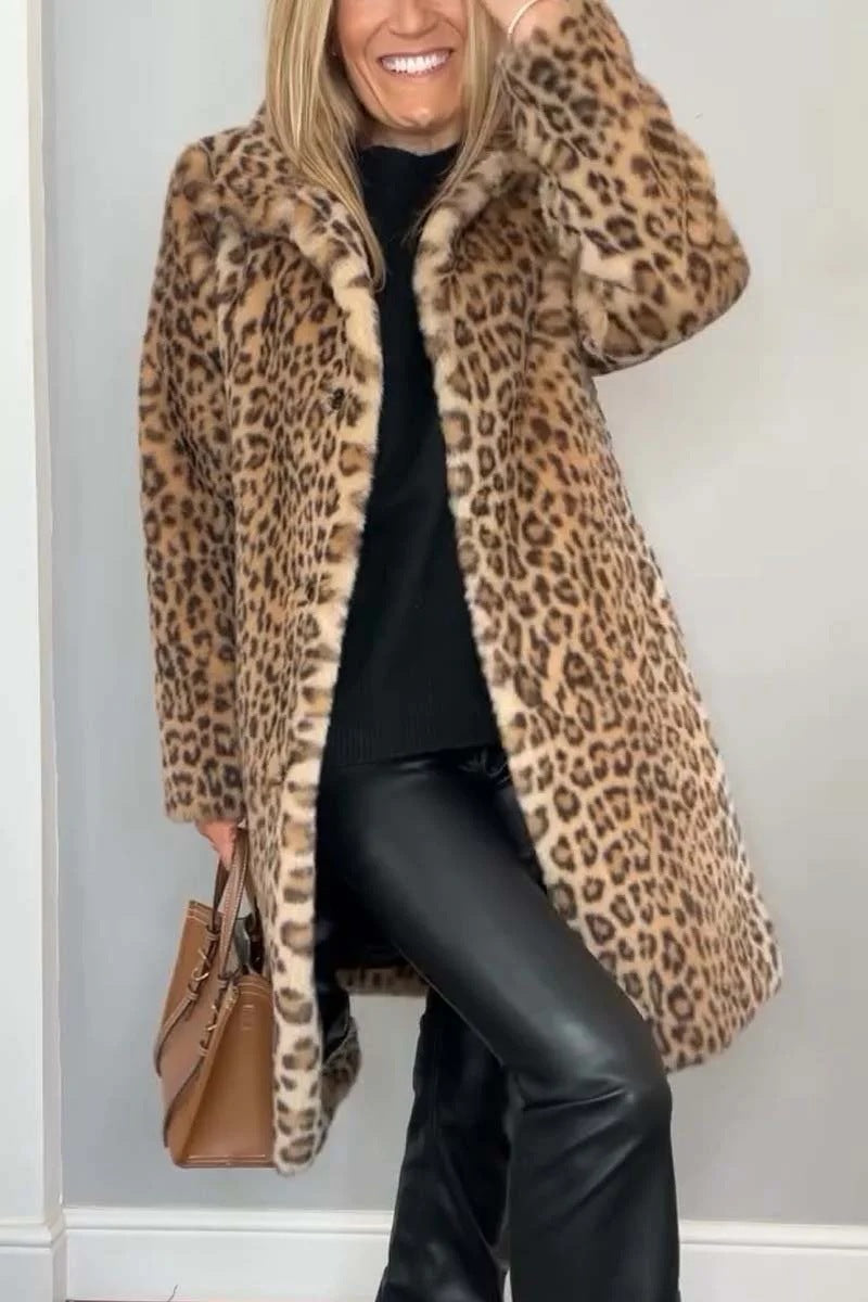 Fall Winter Leopard Print Plush Mid Length Coat Khaki