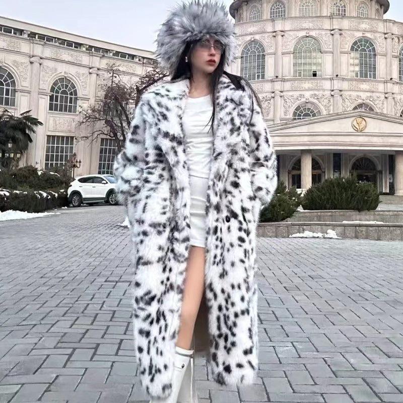 Autumn Winter Faux Fur Coat Women Collar Belt Long Leopard Print Fox Fur Overcoat High Quality Black and White Dots