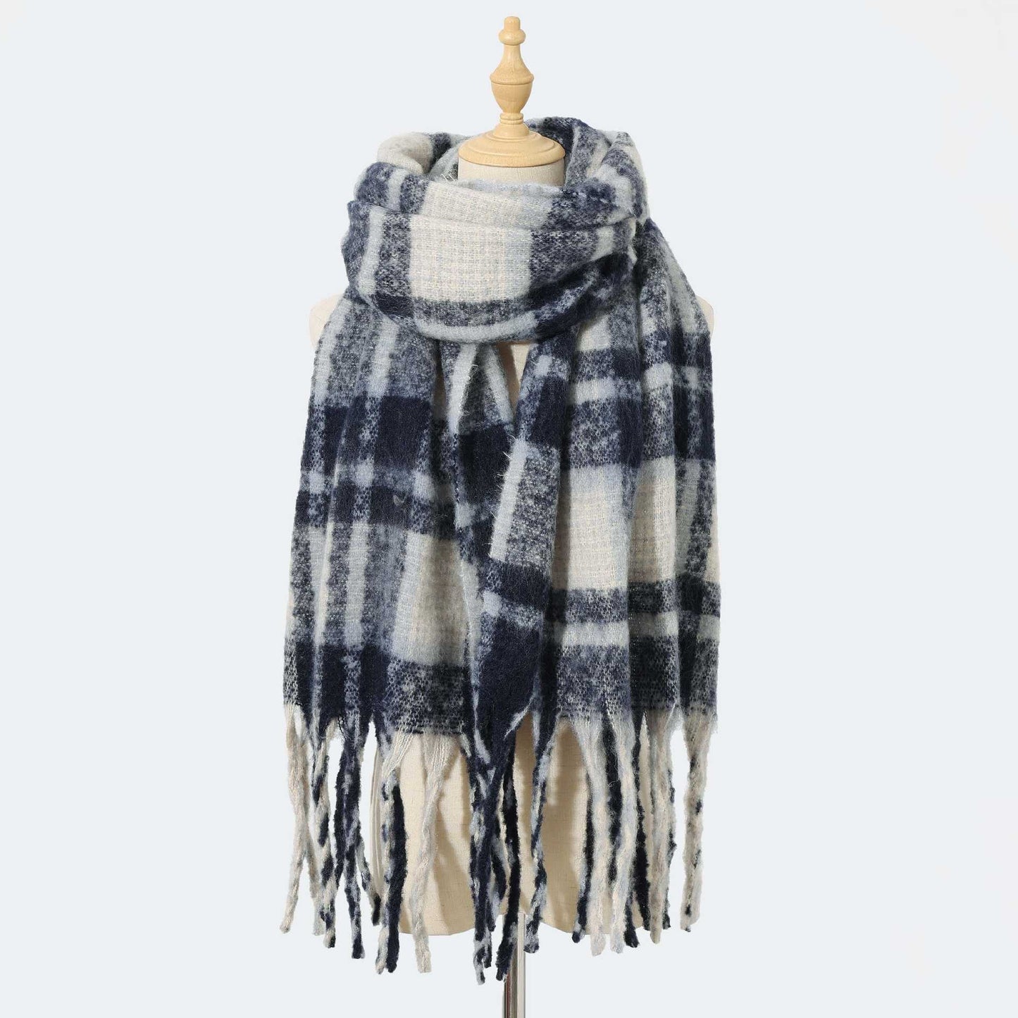 Autumn Winter Mohair Plaid Scarf for Women Thickened High Grade Cashmere like Scarf Warm Scarf One Size Blue1