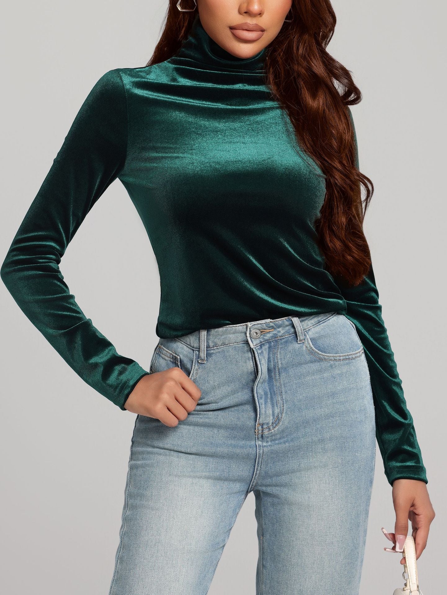 Autumn Gold Velvet Slim Fit Slimming High Collar Bottoming Shirt Women All Matching Outer Wear T shirt Green