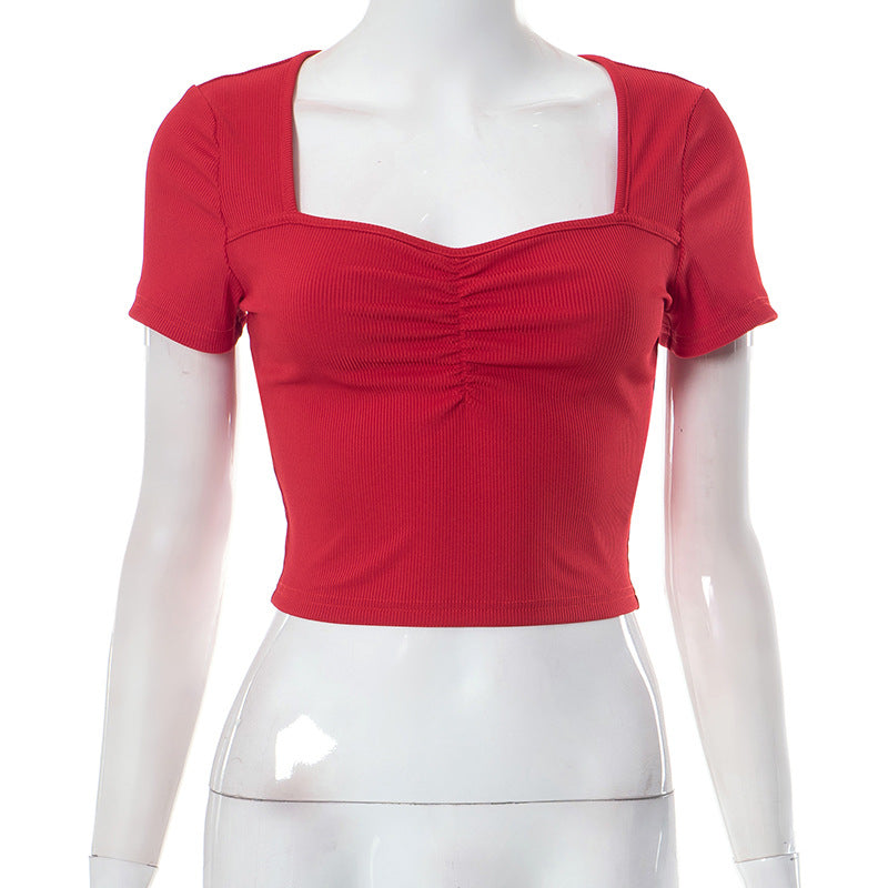 Women Clothing Spring Summer Solid Color Short Sleeve Short Tube Top Sexy Red