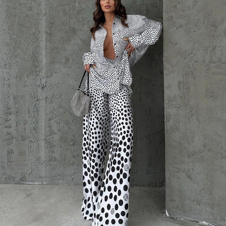 Polka Dot Print Draping Two Piece Women Loose Comfortable Long Sleeve Shirt Wide Leg Pants Sets