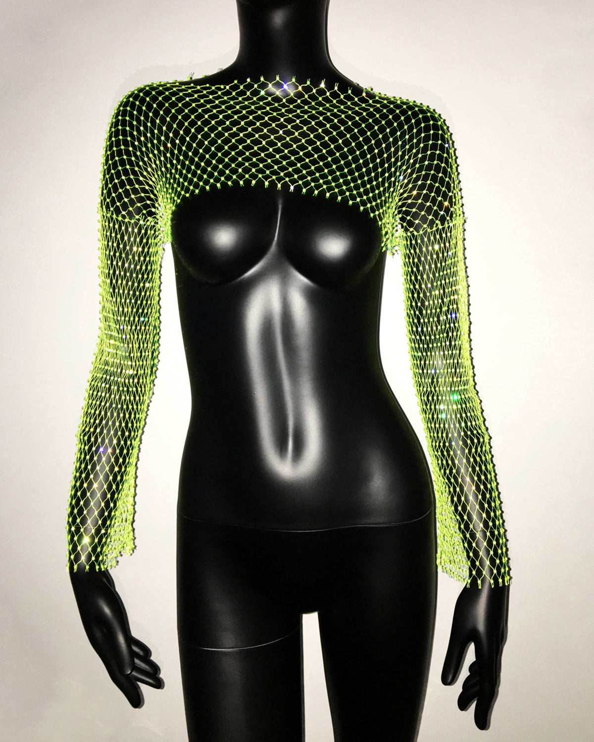 Women Clothing Fishnet Rhinestone Long Sleeved Top Stretch Sexy T shirt One Size fluorescent green