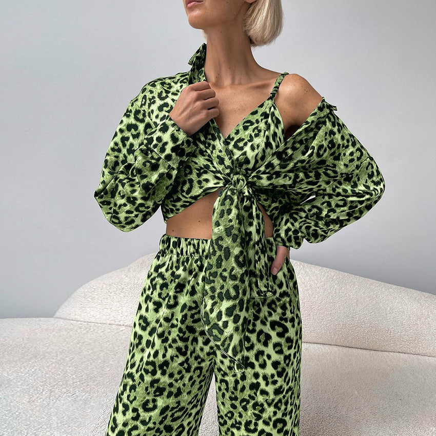 Autumn Leopard Print Underwear Trousers Long Sleeve Three Piece Suit Pajamas Women Loose Home Wear Leopard