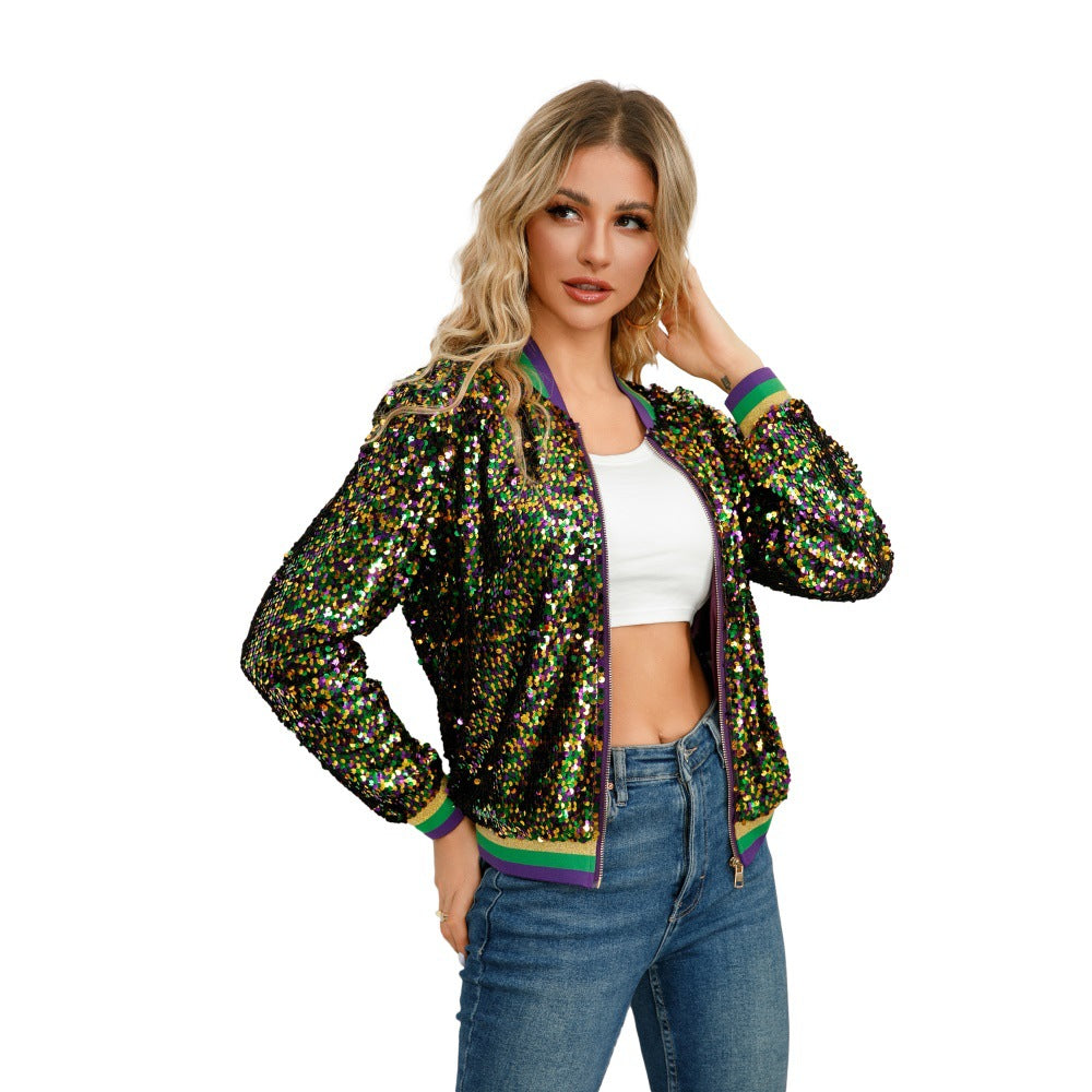 Color Matching Sequin Spring Autumn Women Short Varsity Jacket Jacket Multi