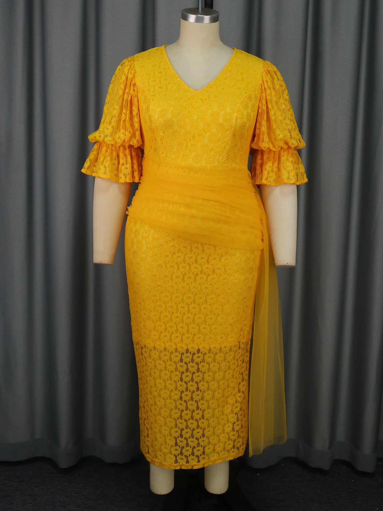 V neck Lace Dress Cocktail Party Gown Robe Dresses Yellow