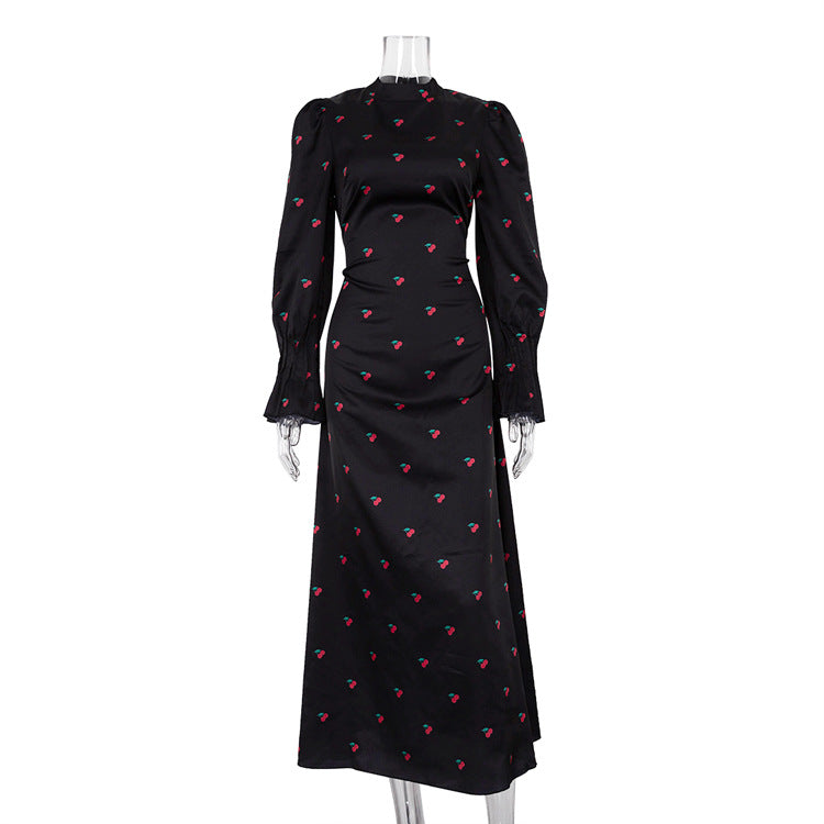 Women Printed round Neck Long Sleeved Dress Autumn Waist Controlled Drape Satin Dress Black