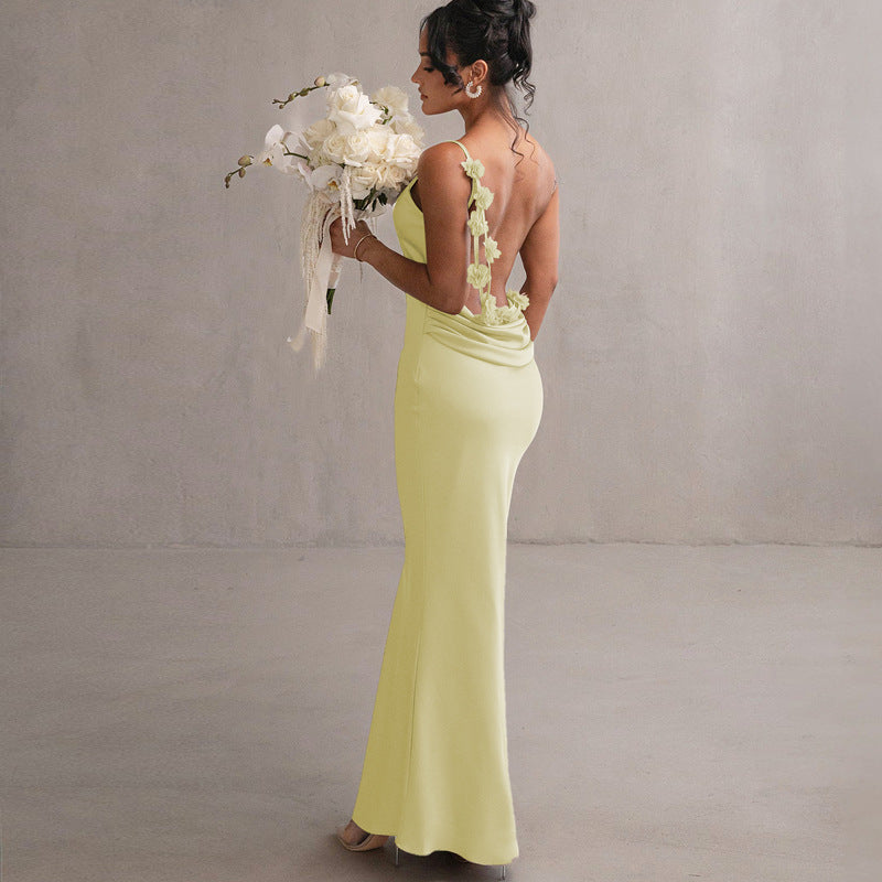 Summer Floral Decoration Elegant Dress Maxi Dress Backless Sling Dress L Yellow