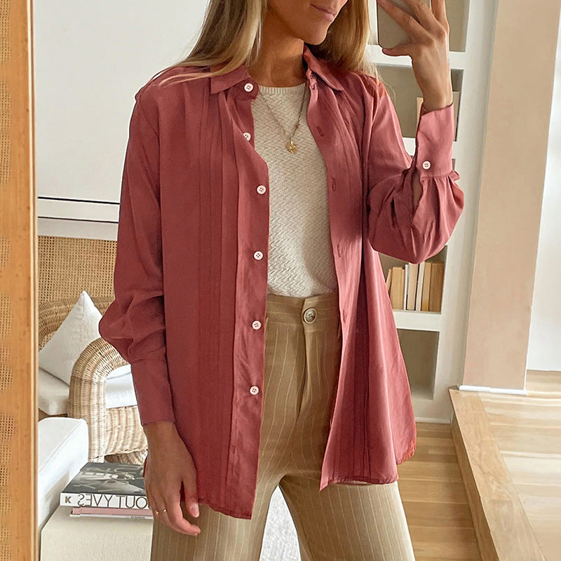 Spring Autumn Cardigan Single Breasted Collared Long Sleeve Solid Color Shirt Women