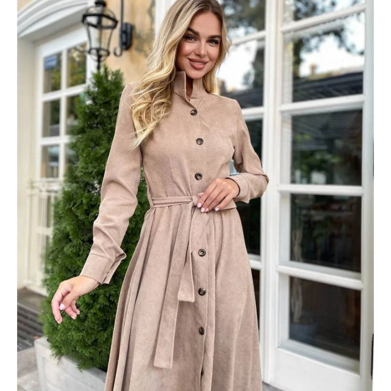 Autumn Winter Women Clothing Solid Color Tied Button Shirt Dress