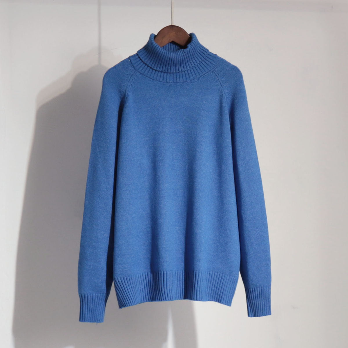 Turtleneck Sweater Autumn Winter Elegant Office Solid Color Raglan Sleeve Sweater Blue