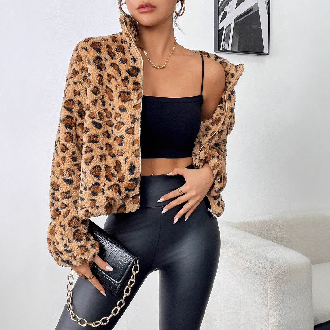 Popular Leopard Print Double Sided Plush Zipper Cardigan Casual Jacket Women