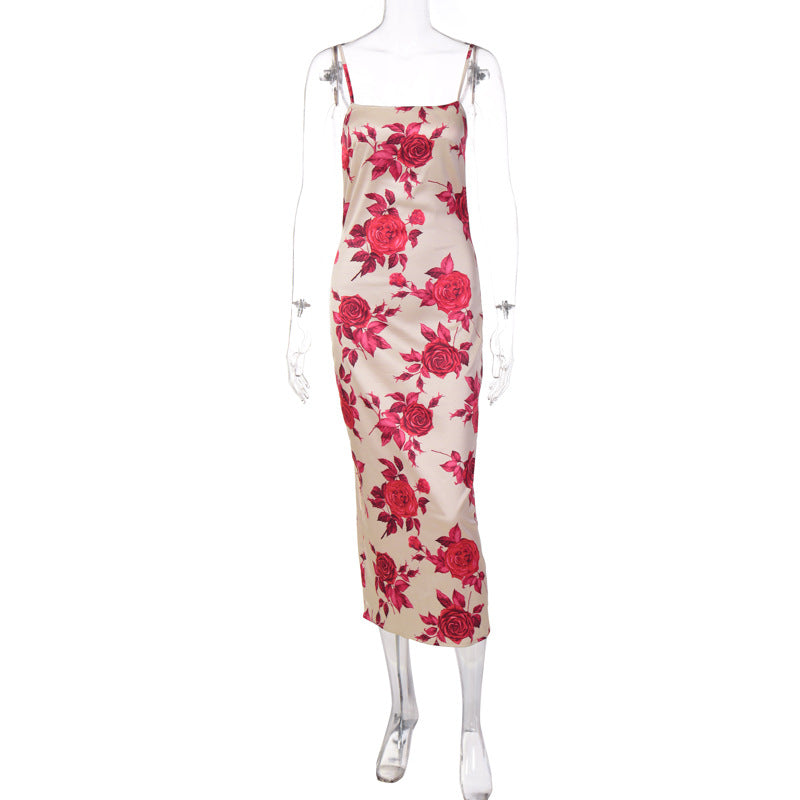 Summer New Rose Printing Slip Dress Women Floral Elegant Maxi Dress Red