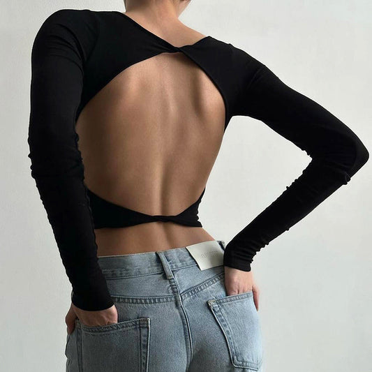 Winter Women Clothing Sexy Solid Color round Neck Long Sleeve Sexy Backless Slim Fit Crop Top