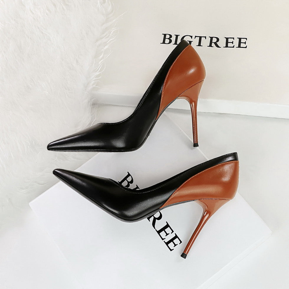 Retro High Heels Stiletto Heel Cocktail Women Shoes Shallow Mouth Pointed Toe Colorblock Spring Autumn Super High Heel Shoes Black