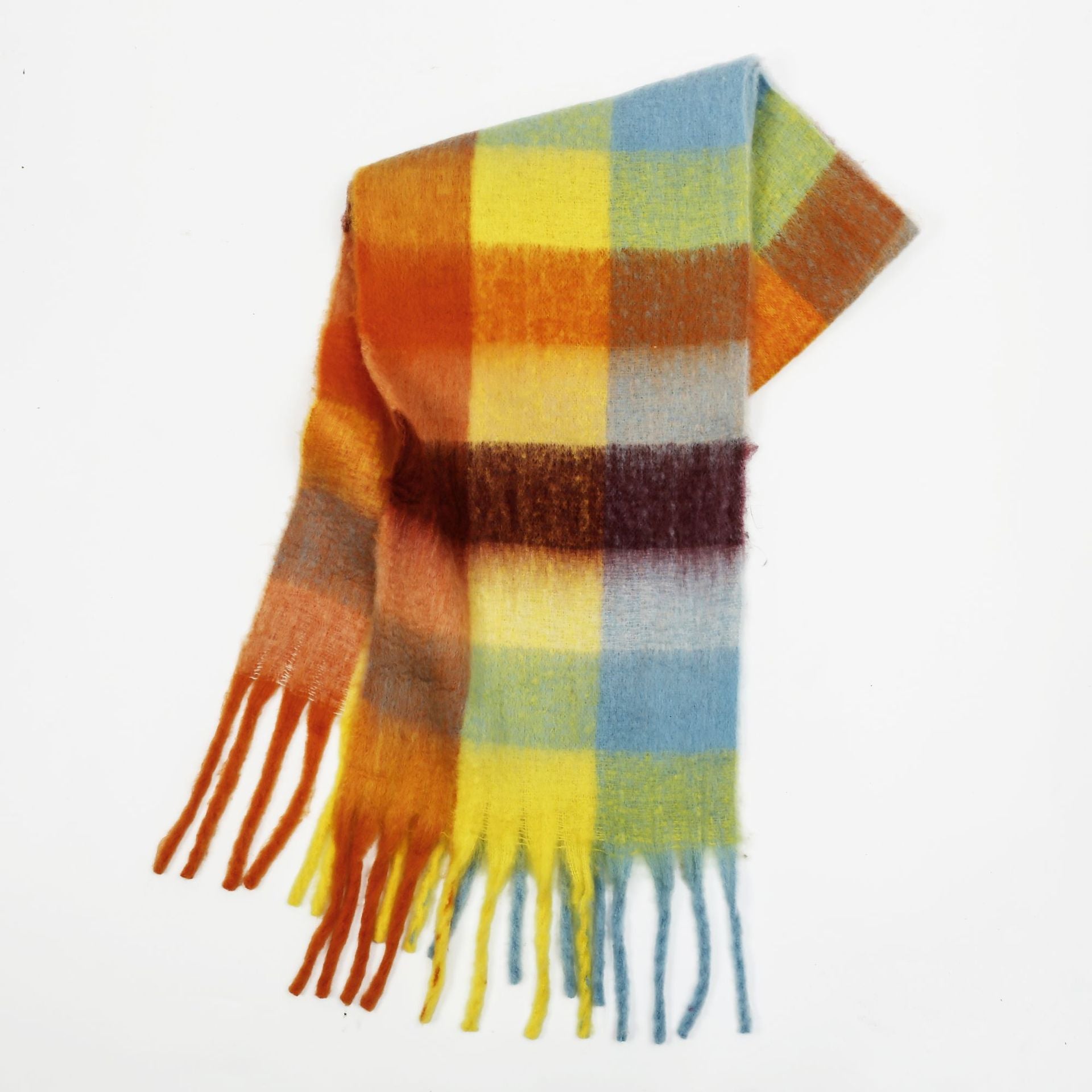 Women Color Matching Mohair Scarf Autumn Winter Warm Thickening Lattice Tassel One Size Yellow Orange Grid