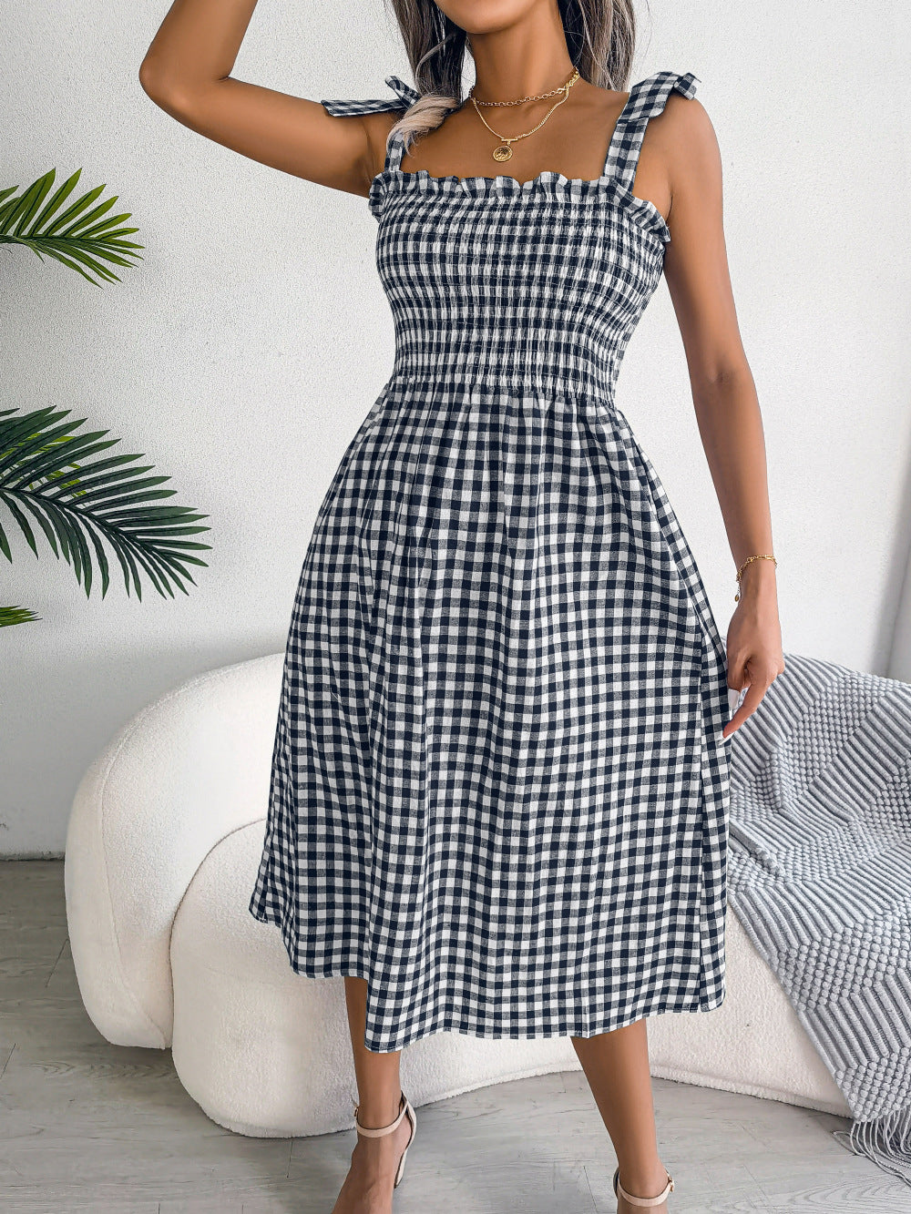 Spring Summer Casual Lace-up Contrast-Color Plaid Mid-Length Dress Women Clothing