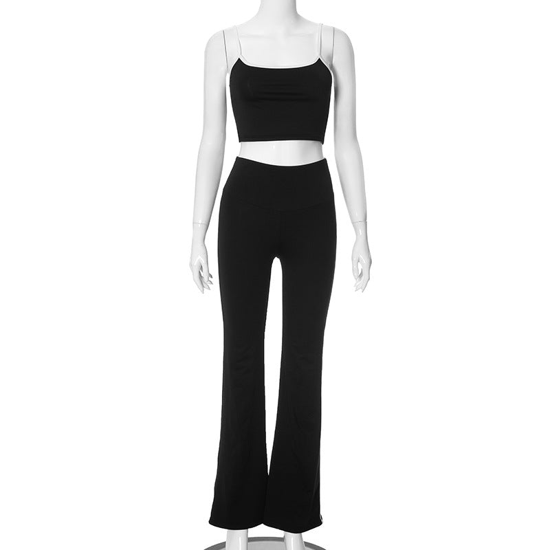 Women Clothing Summer Suspender Cropped Tank Top High Waist Trousers Contrast Color Set Black