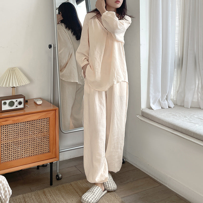 Korean Double Layer Cotton Yarn V neck Pajamas Early Spring Skin Friendly Comfortable Home Wear Two Piece Women Clothing