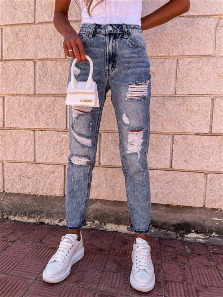 Fall Winter Straight Pants Street Hipster Washed Trousers High Waist Blue Jeans Navy Blue