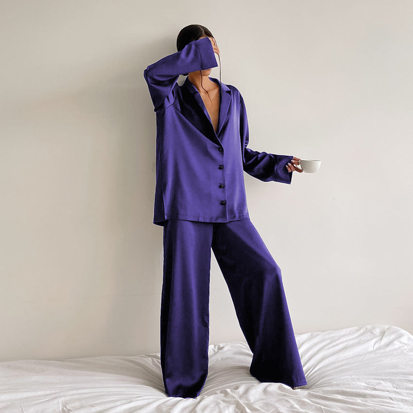 Spring Summer Blue Thin Women Home Silk-like Solid Color Pajamas Ice Silk Loose Can Be Worn outside Purple