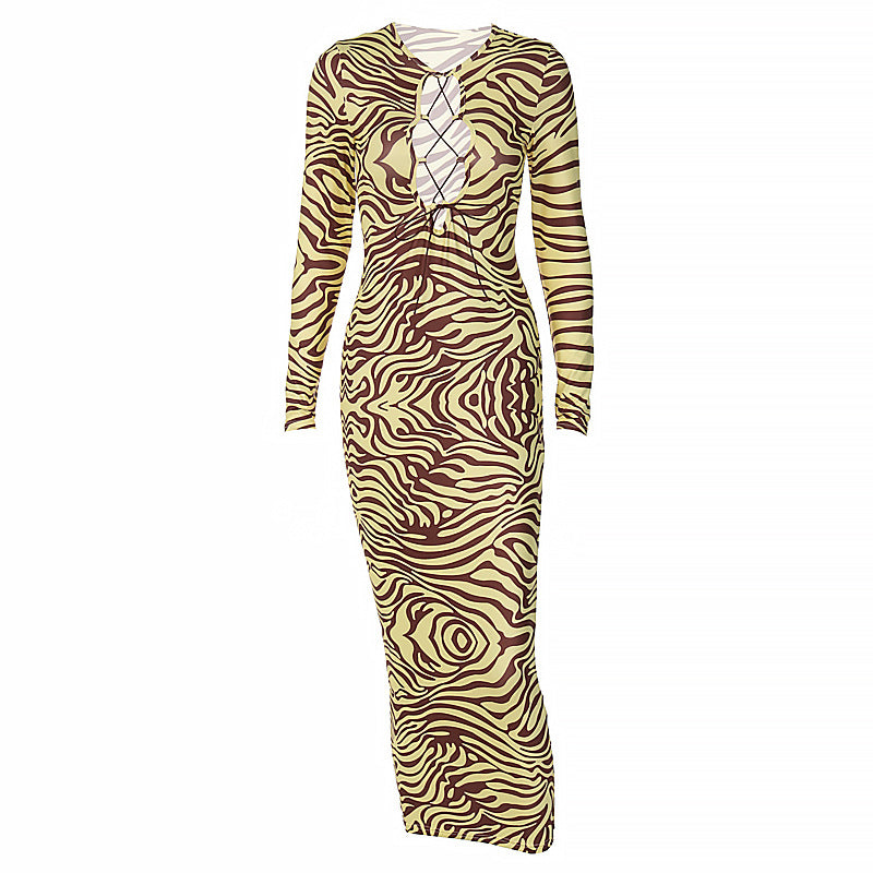 Printed Chest Hollow Out Cutout Long Sleeve Slim Dress Women Maxi Dress